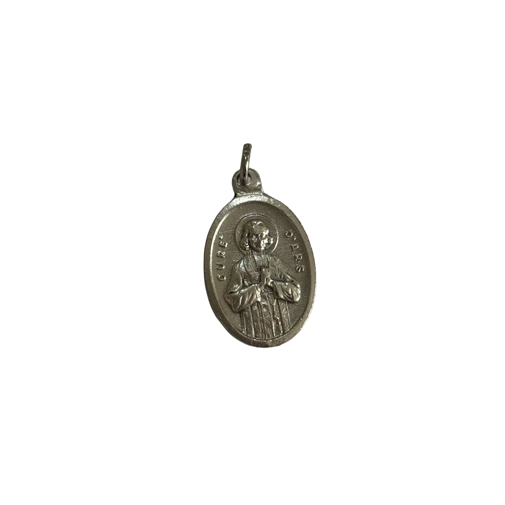 Silver St John Vianney medal depicting the Curé d'Ars in his cassock with hands joined in prayer.