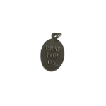 Reverse side of a silver St Kateri Tekakwitha medal with a block stamped Pray For Us inscription.