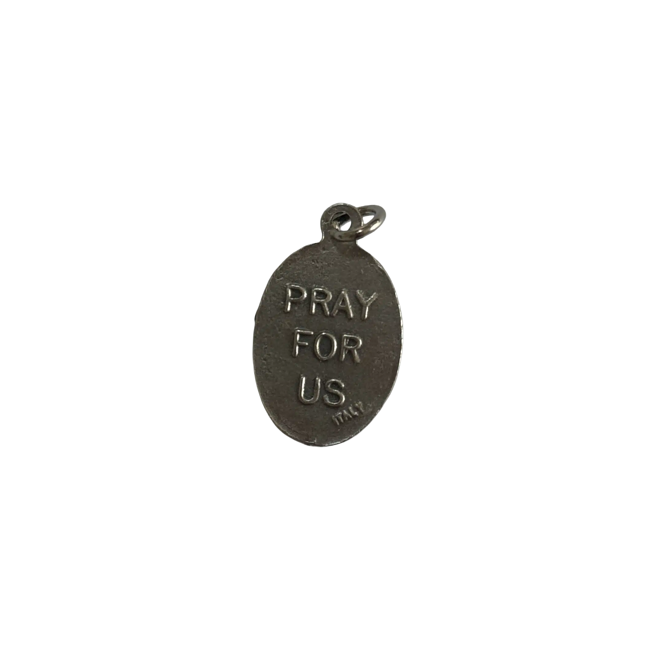 Reverse side of a silver St Kateri Tekakwitha medal with a block stamped Pray For Us inscription.