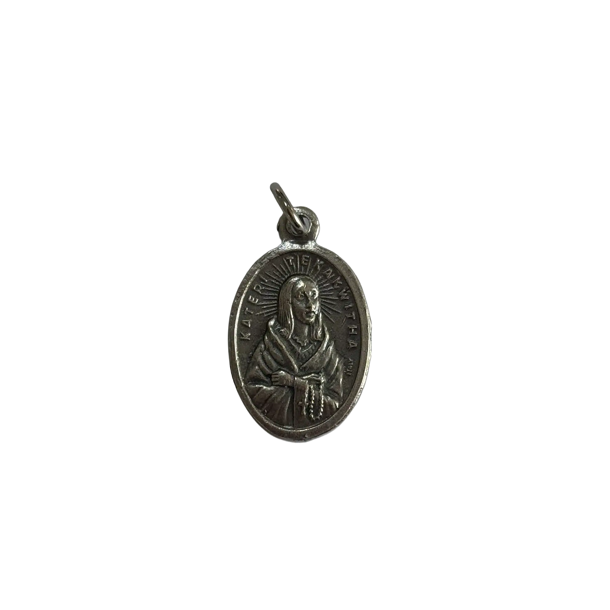 Silver St Kateri Tekakwitha medal depicting the Native American saint holding a wooden cross.