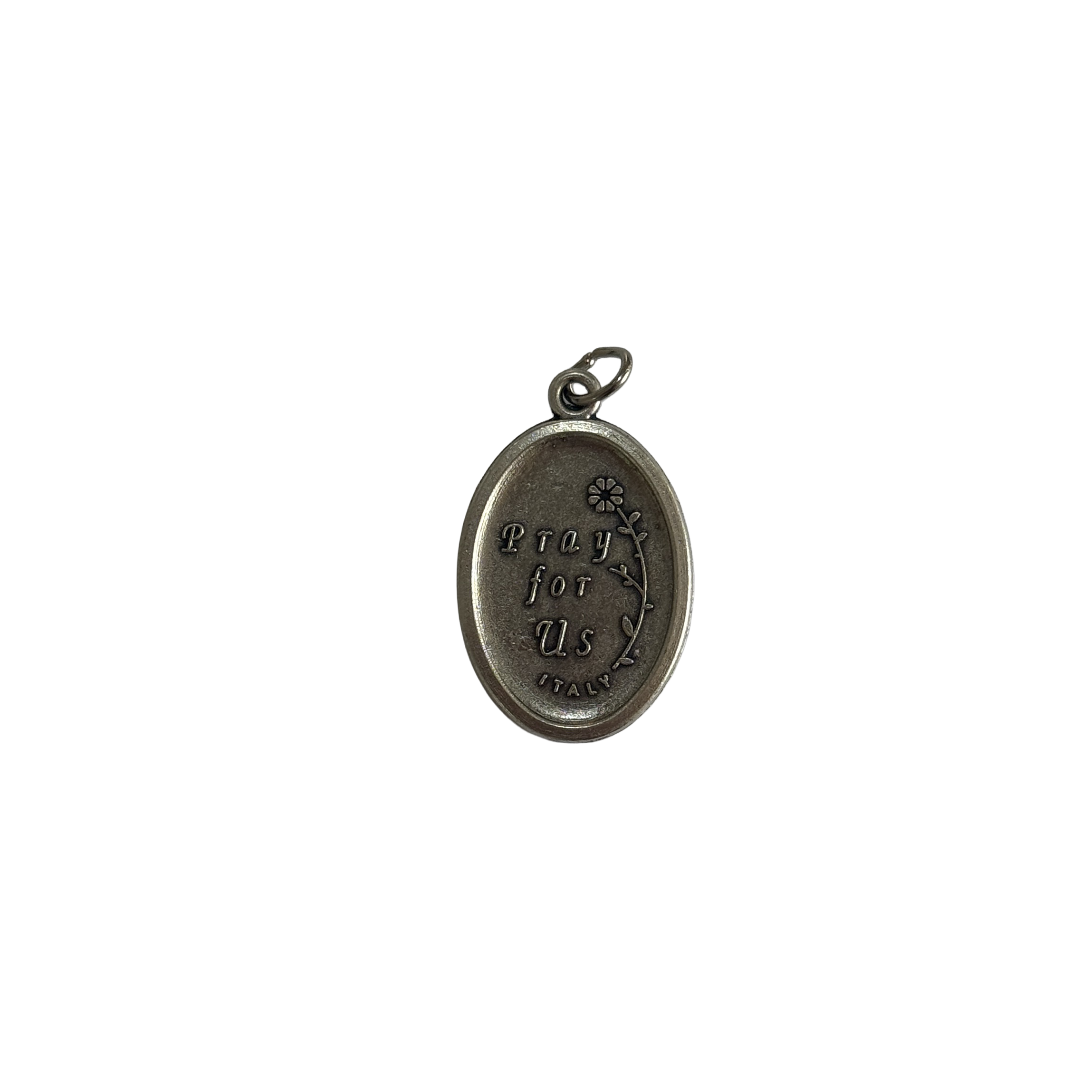 Reverse side of a silver St Lucy medal with a stamped Pray For Us inscription and Italy hallmark.