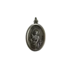 Silver Saint Lucy medal showing the saint holding a palm branch and dish with the text ST LUCY ITALY.