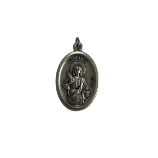 Silver Saint Lucy medal showing the saint holding a palm branch and dish with the text ST LUCY ITALY.