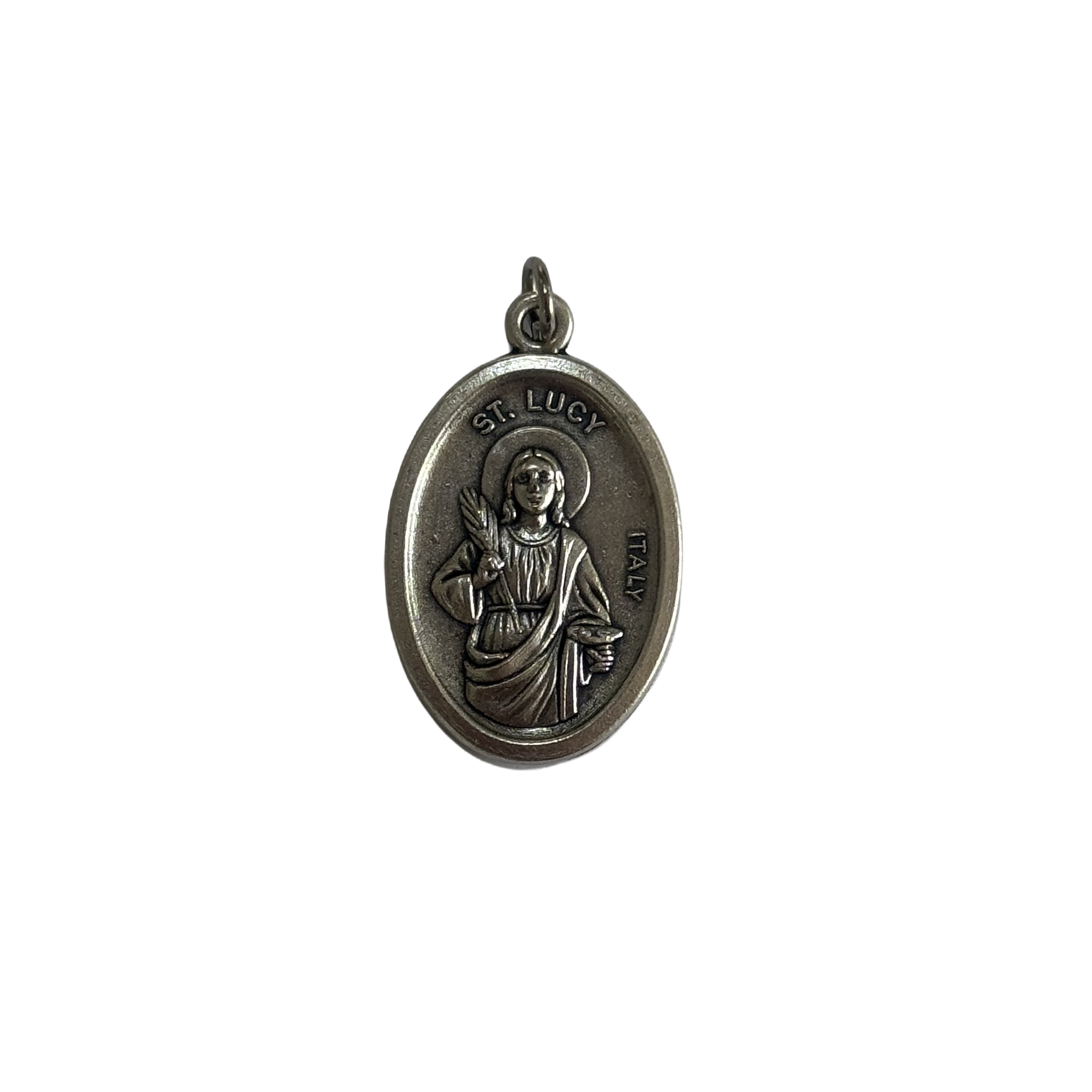 Silver Saint Lucy medal showing the saint holding a palm branch and dish with the text ST LUCY ITALY.