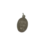 Reverse side of a silver St Luke medal with a stamped Pray For Us inscription and Italy hallmark.