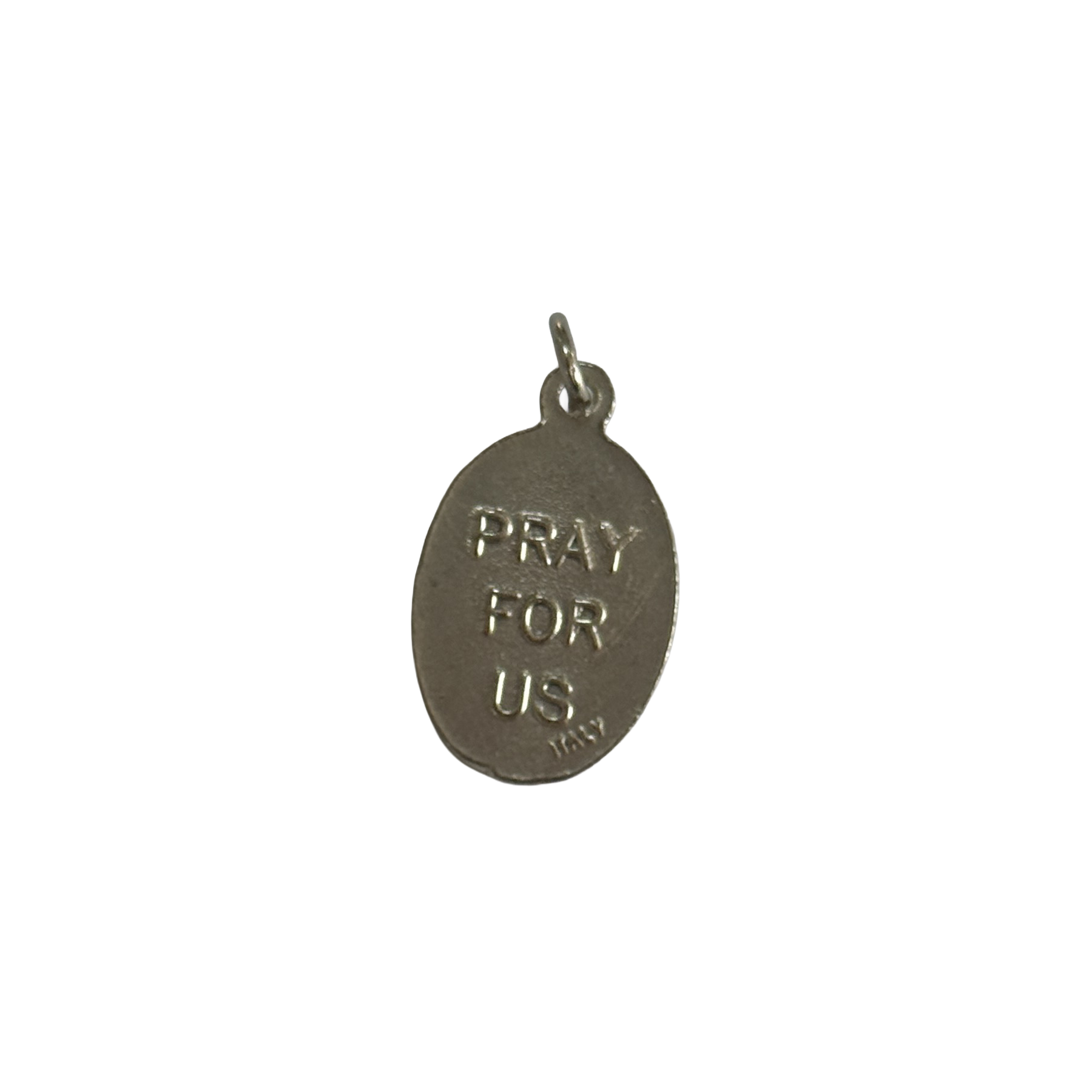 Reverse side of a silver St Luke medal with a stamped Pray For Us inscription and Italy hallmark.