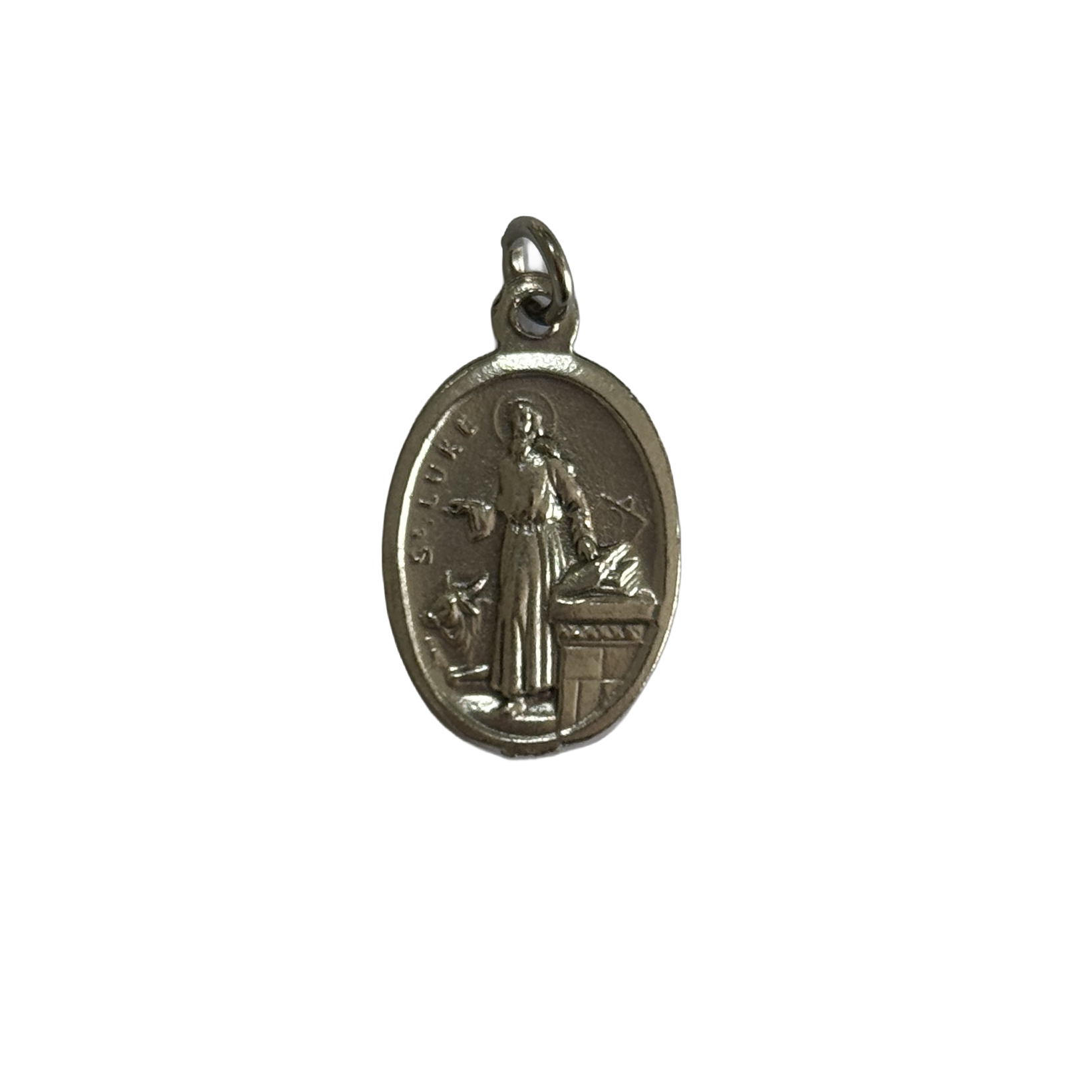Silver St Luke medal showing the saint writing at a desk with a symbolic ox at his feet.