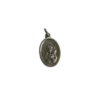 Silver St Philomena medal depicting the virgin martyr holding a palm branch with an Italy stamp.
