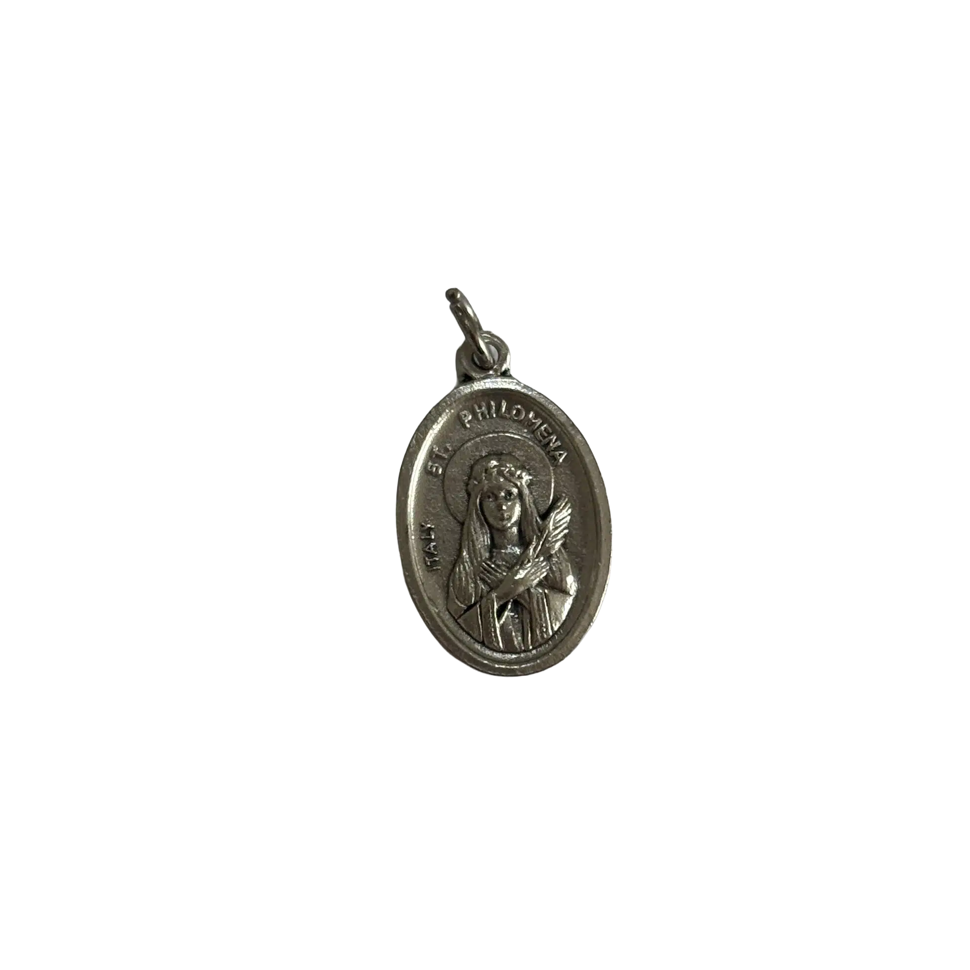 Silver St Philomena medal depicting the virgin martyr holding a palm branch with an Italy stamp.