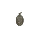 Reverse side of a silver St Rocco medal with a block stamped Pray For Us inscription and Italy mark.