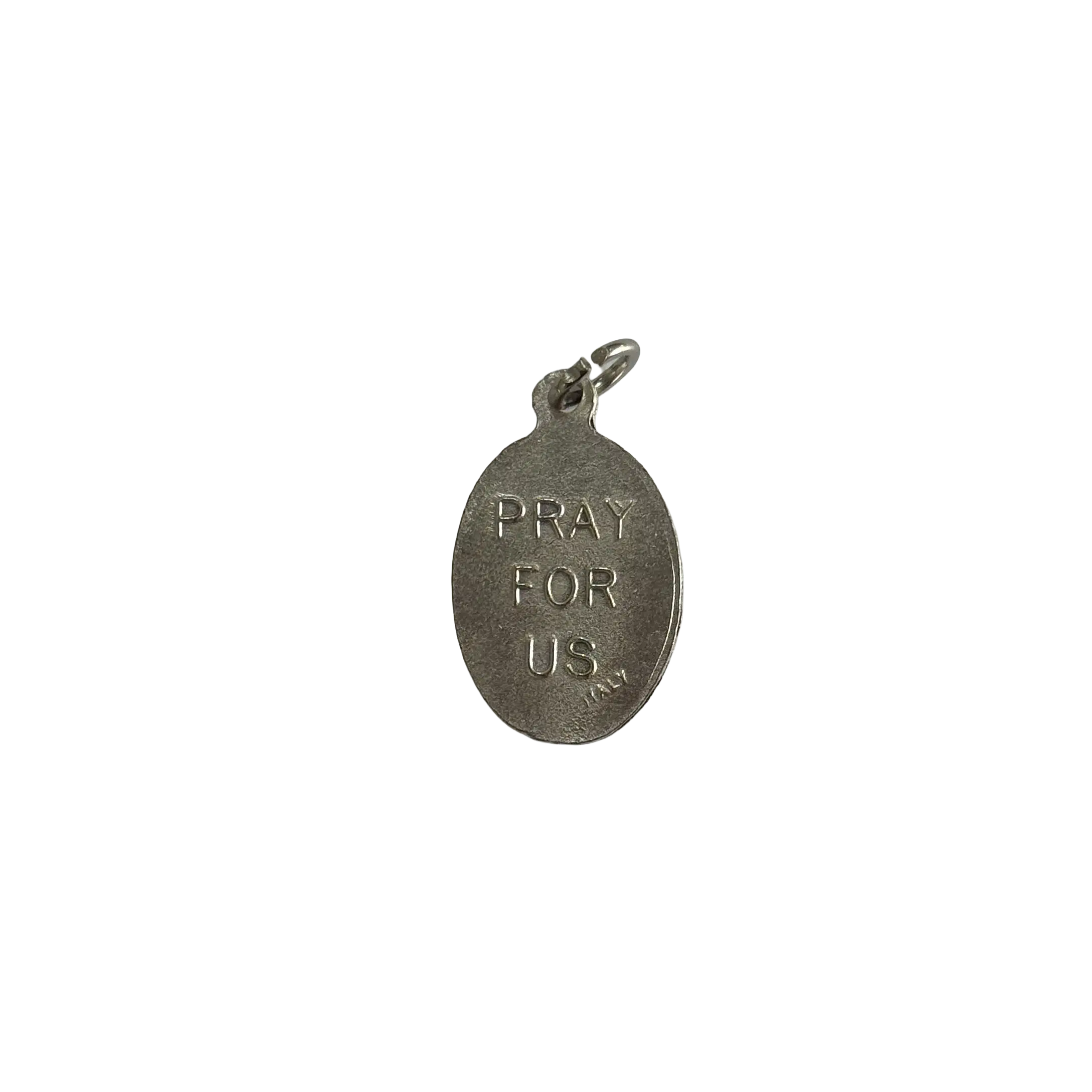 Reverse side of a silver St Rocco medal with a block stamped Pray For Us inscription and Italy mark.