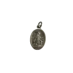 Silver St Rocco medal depicting the patron saint of dogs and plagues with a pilgrim staff and dog.