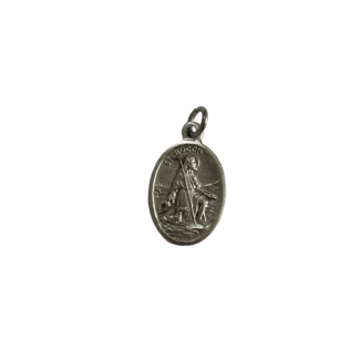 Silver St Rocco medal depicting the patron saint of dogs and plagues with a pilgrim staff and dog.