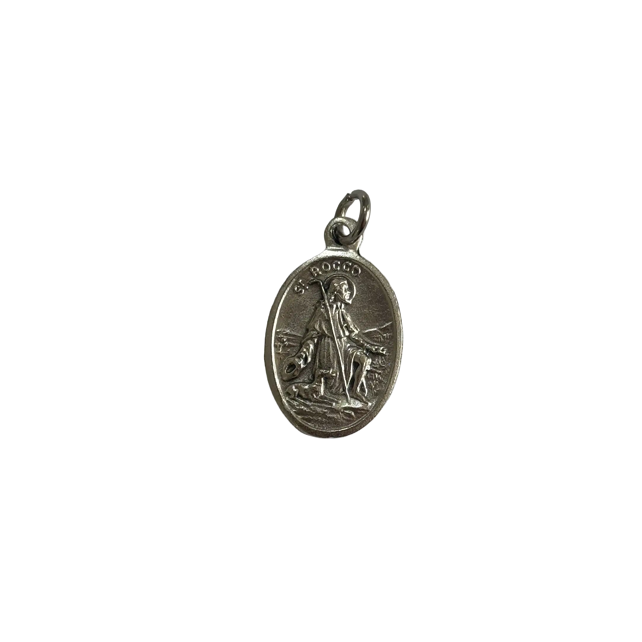 Silver St Rocco medal depicting the patron saint of dogs and plagues with a pilgrim staff and dog.