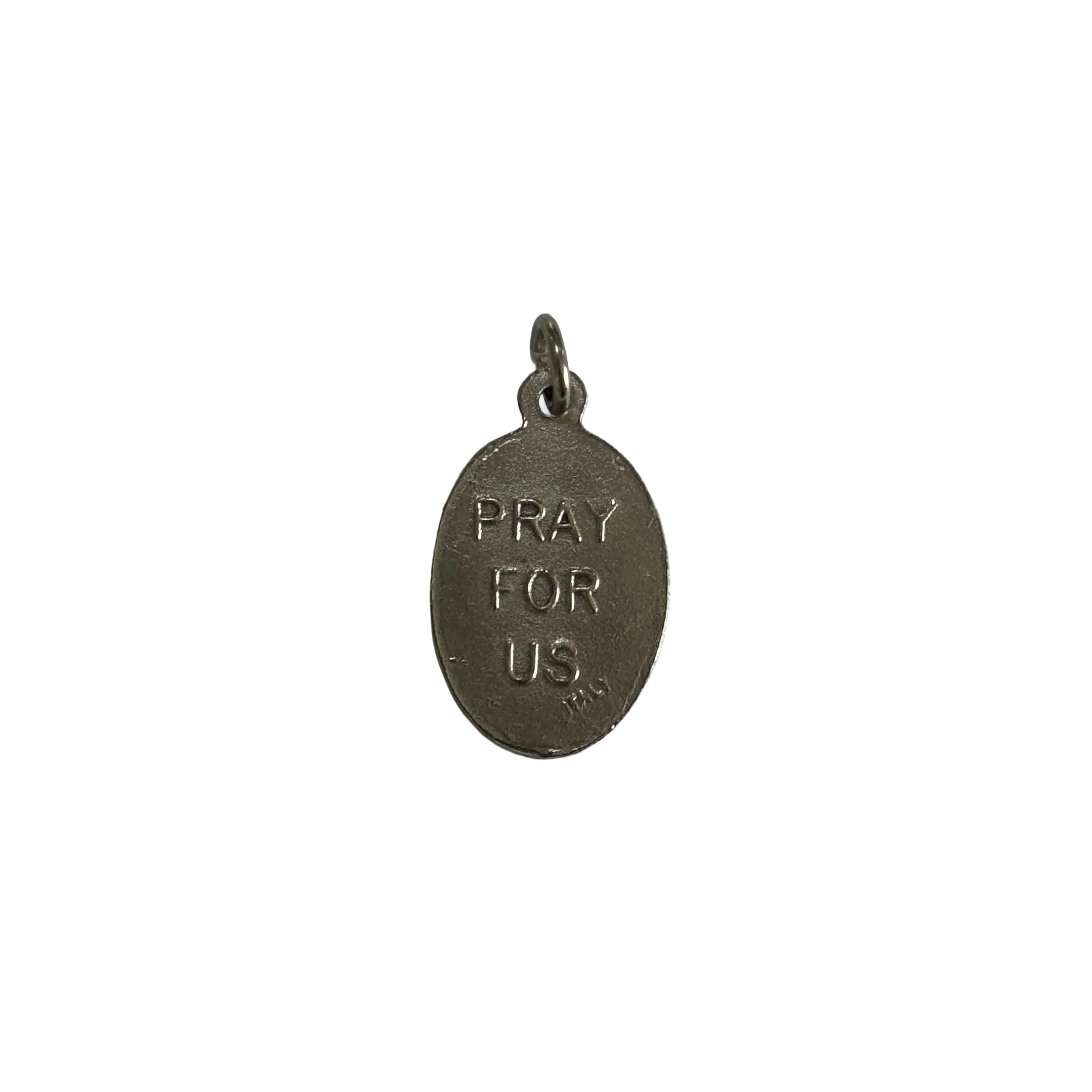 Reverse side of a silver St Thomas Aquinas medal with a block stamped Pray For Us inscription.