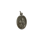 Silver St Thomas Aquinas medal showing the patron saint of students holding a book with a halo.