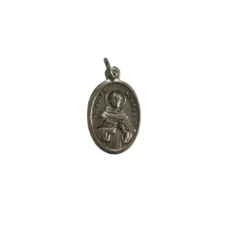 Silver St Thomas Aquinas medal showing the patron saint of students holding a book with a halo.
