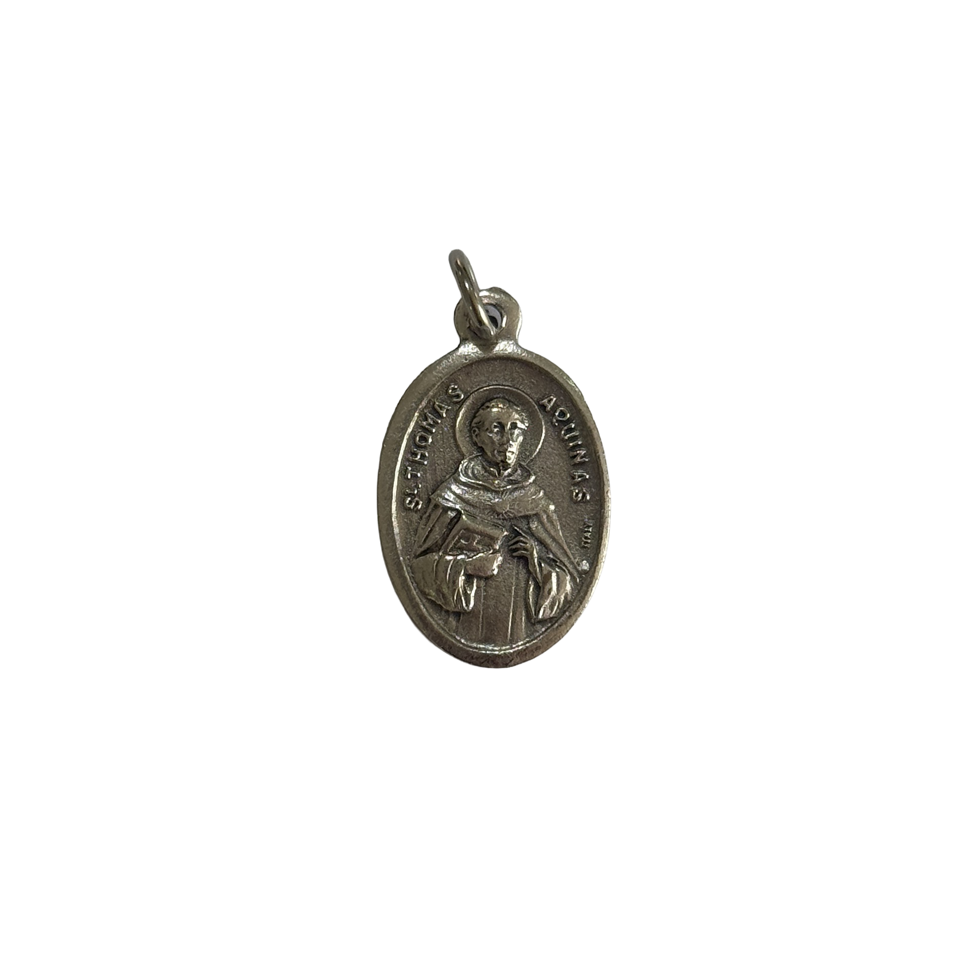 Silver St Thomas Aquinas medal showing the patron saint of students holding a book with a halo.