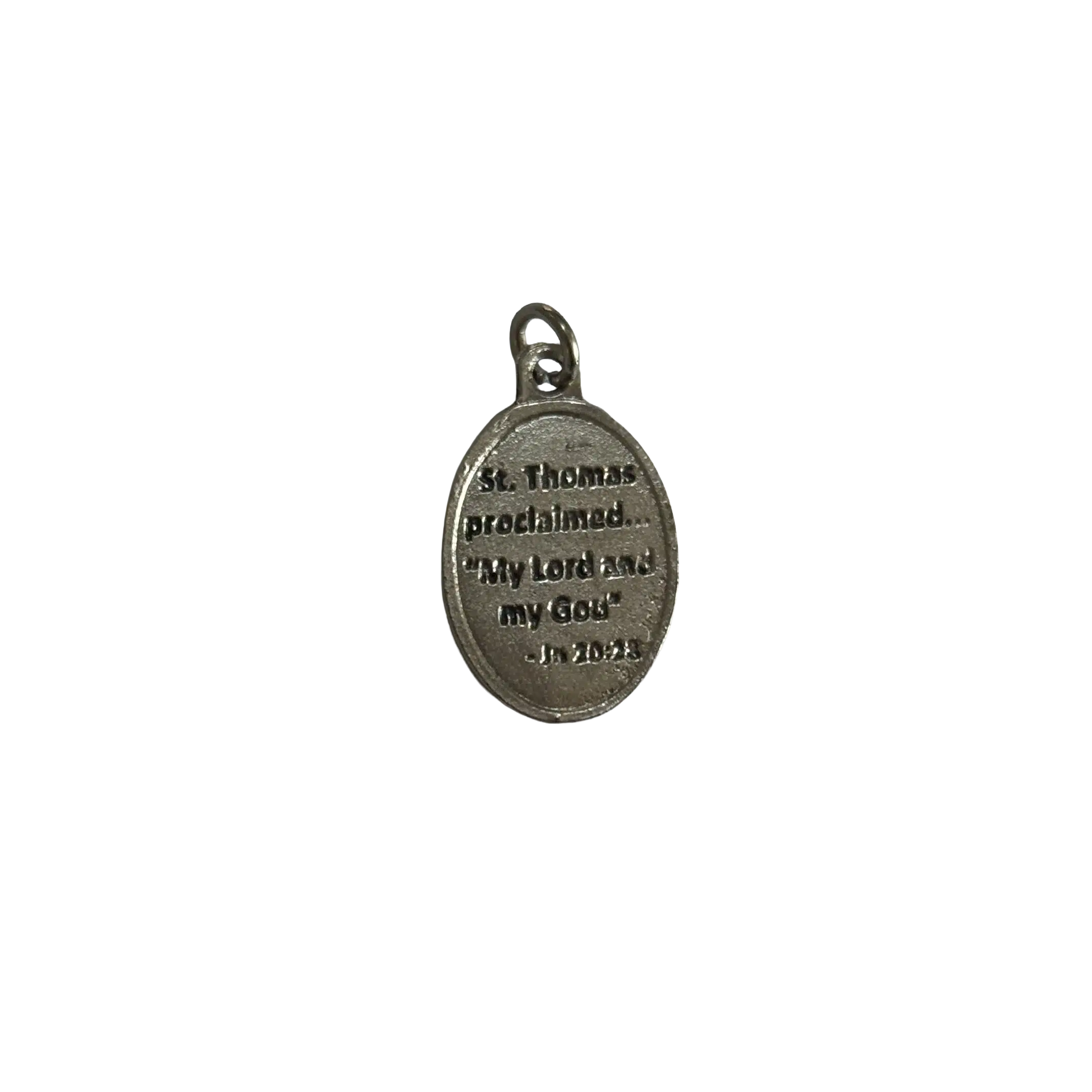 Reverse side of a silver St Thomas the Apostle medal with a block stamped Pray For Us inscription.