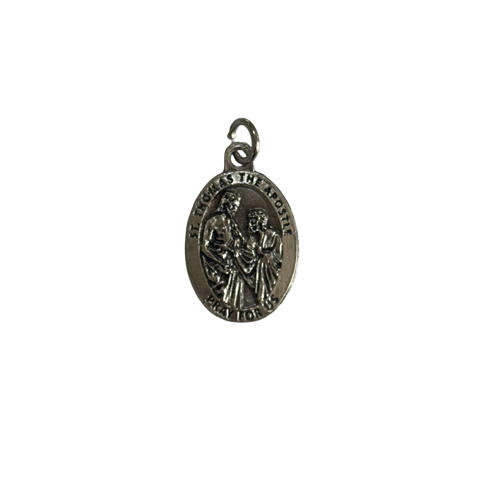 Silver St Thomas the Apostle medal depicting the saint holding a builder's square and a spear.