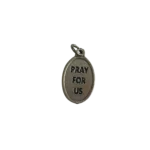 Reverse side of a silver St Valentine medal with a bold stamped Pray For Us inscription.
