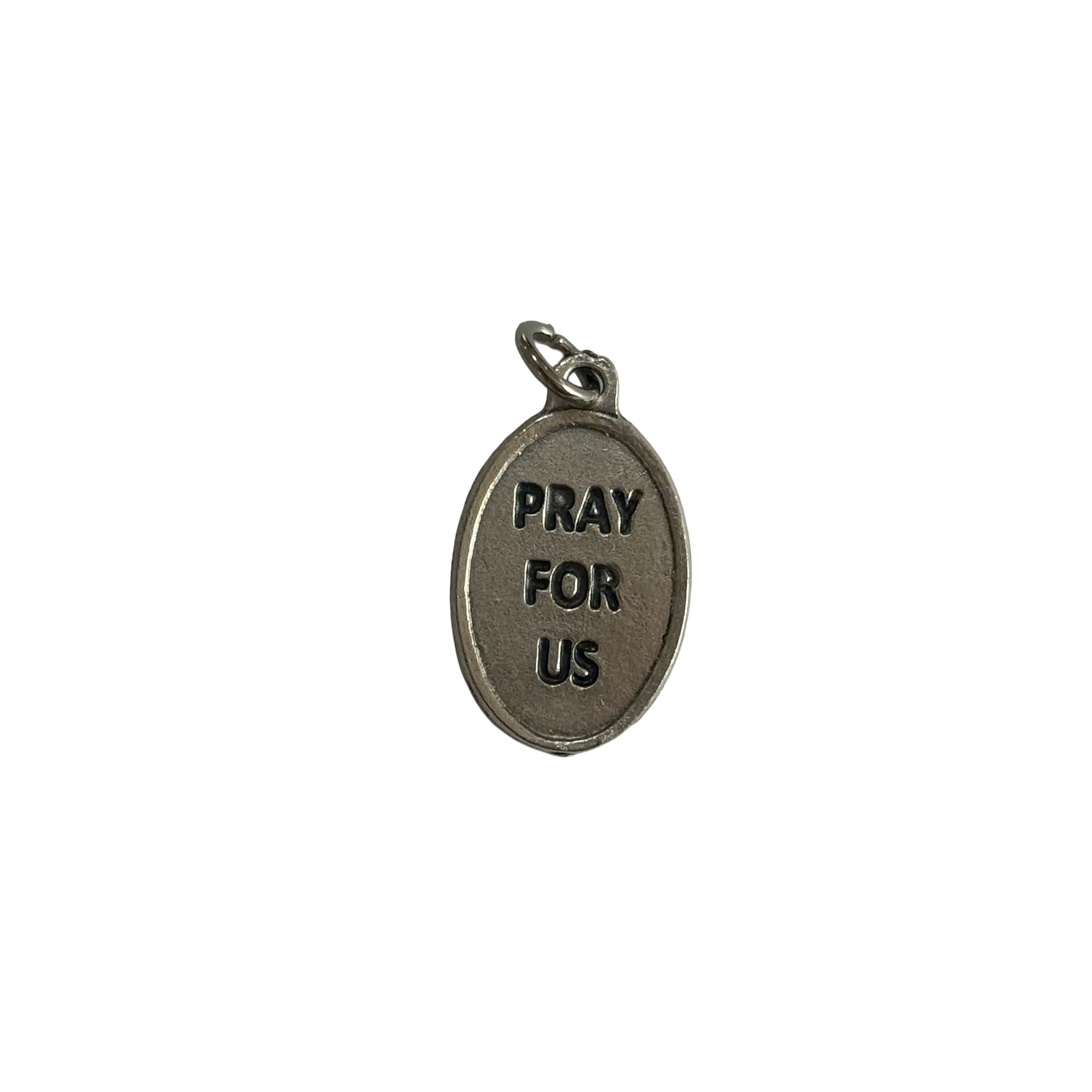 Reverse side of a silver St Valentine medal with a bold stamped Pray For Us inscription.