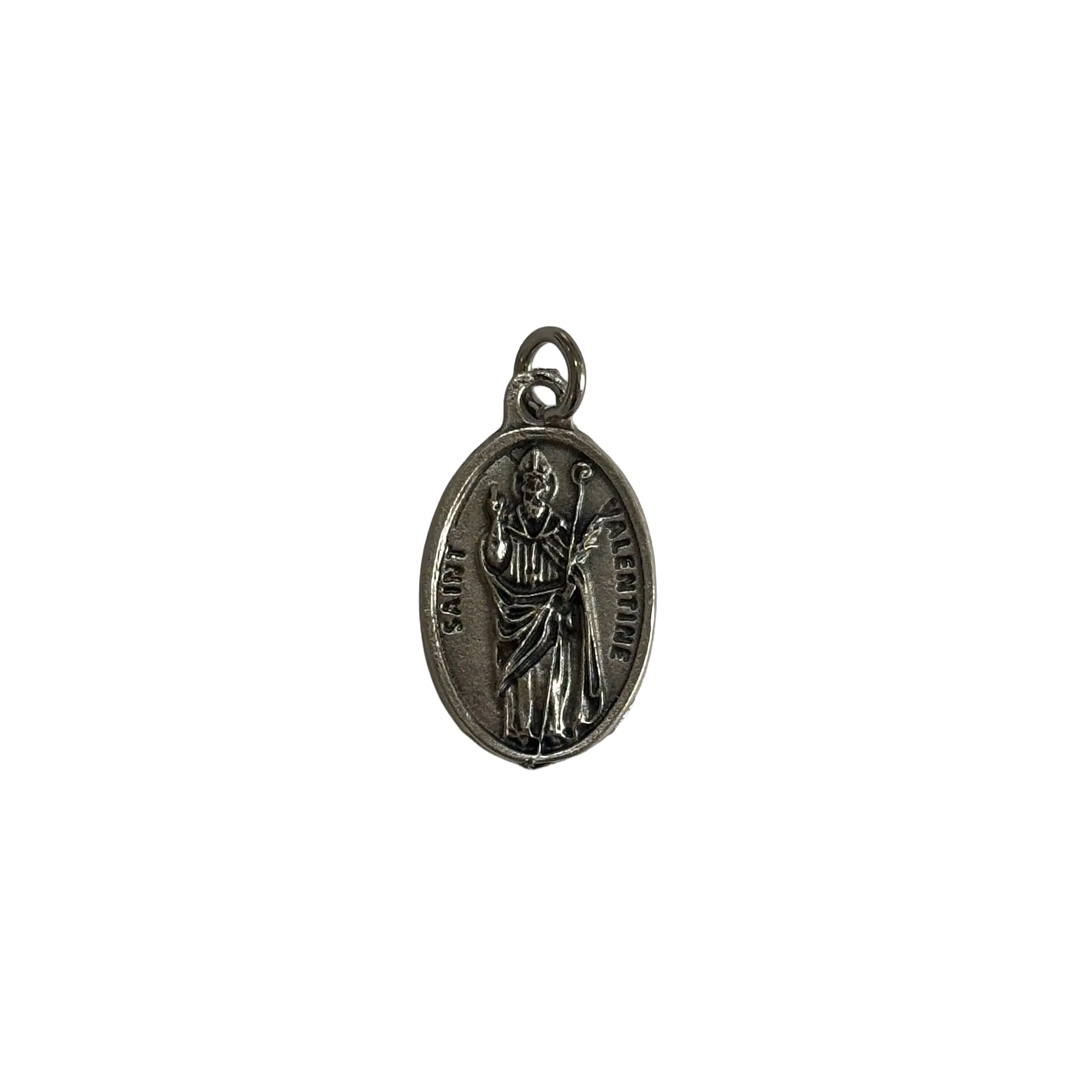 Silver St Valentine medal depicting the patron saint of lovers as a bishop holding a pastoral crosier.