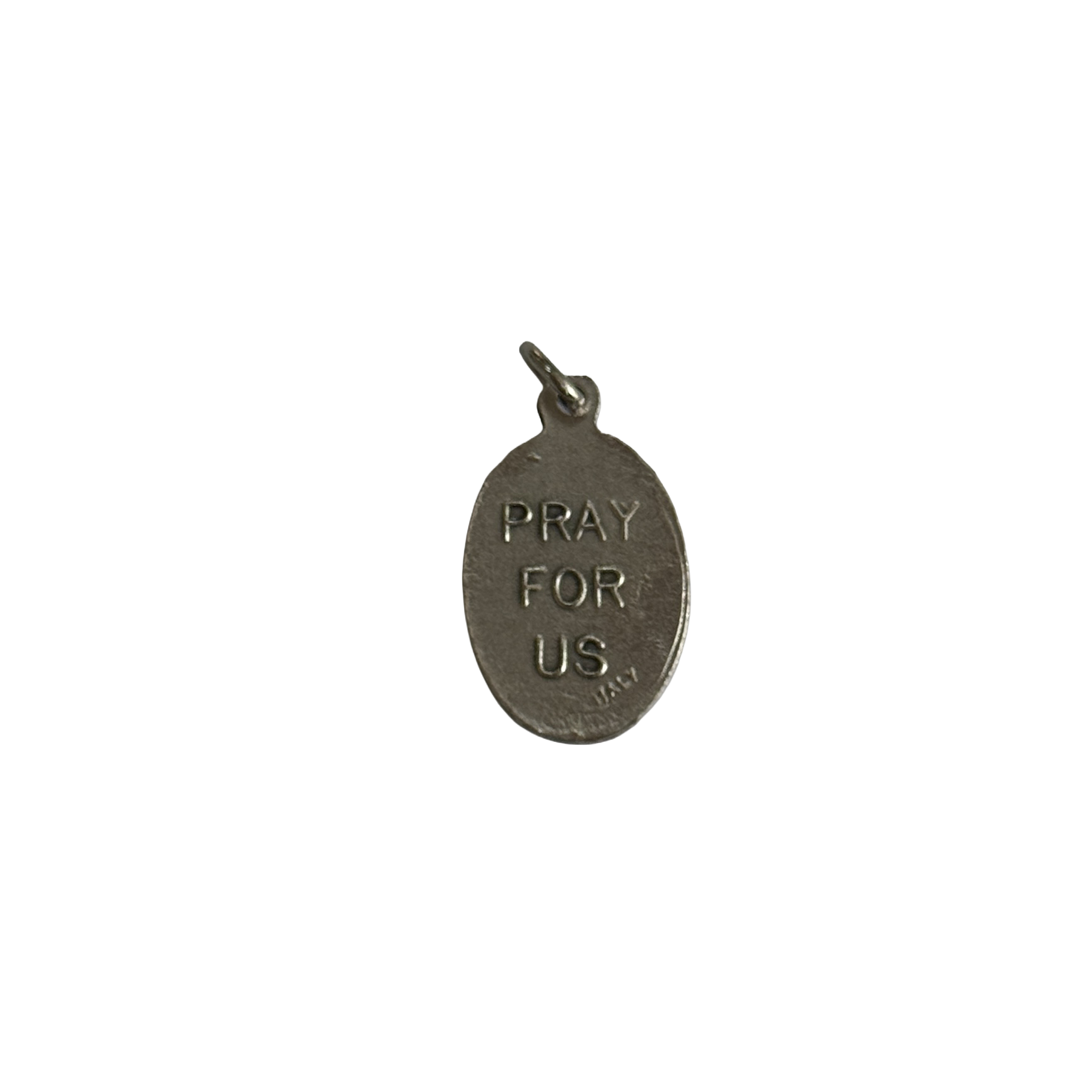 Silver Stella Maris Medal Back Pray For Us Reverse side of a silver Stella Maris medal with a block stamped Pray For Us inscription.