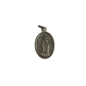 Silver Stella Maris medal showing Our Lady Star of the Sea holding Baby Jesus above a sailing ship on waves.