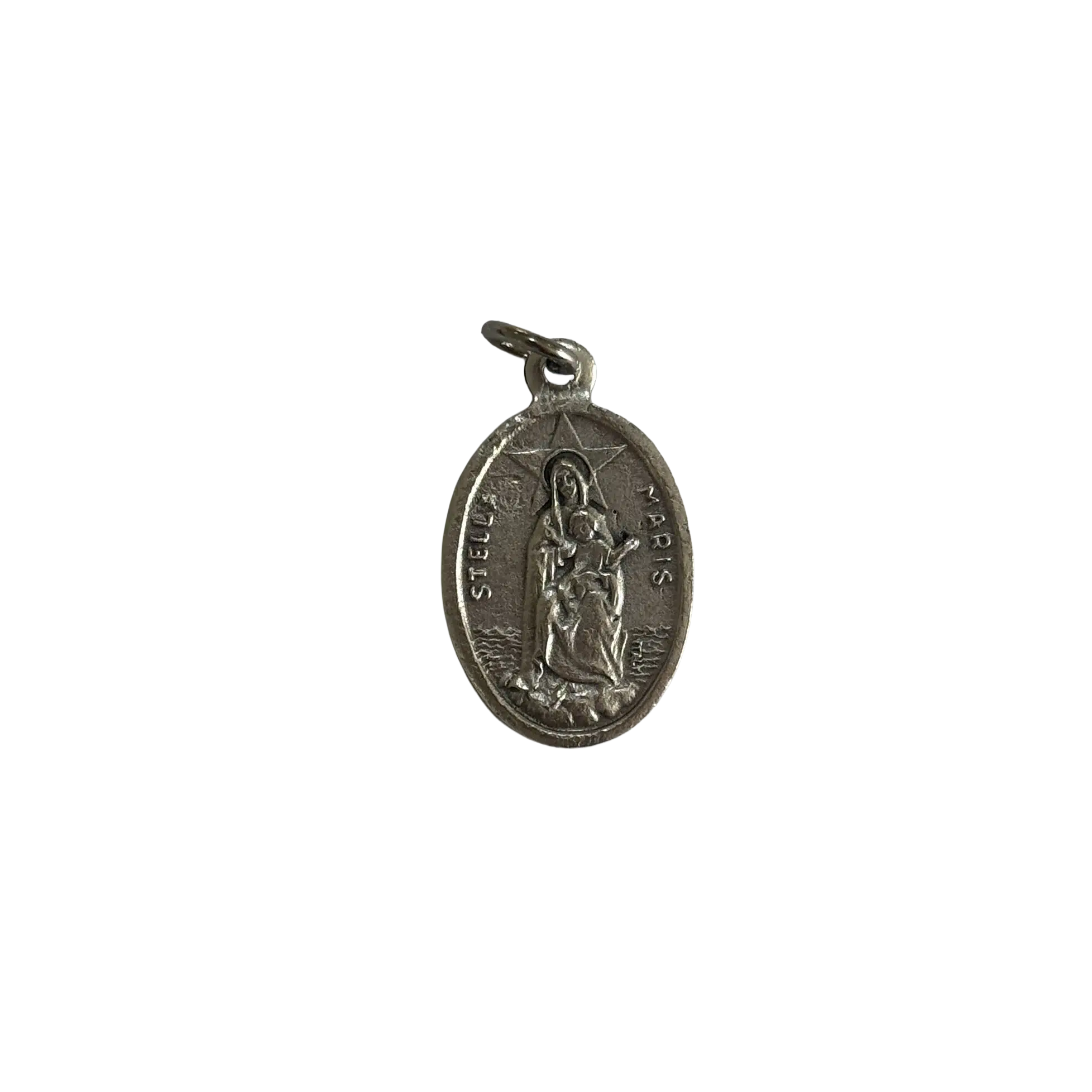 Silver Stella Maris Medal Pendant Front Silver Stella Maris medal showing Our Lady Star of the Sea holding Baby Jesus above a sailing ship on waves.