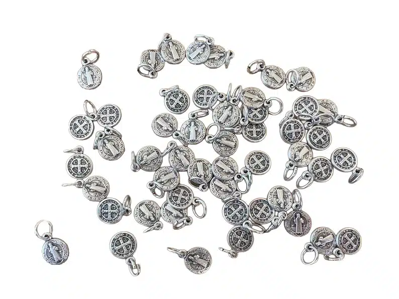 St Benedict medal round bead, 1 cm, oxidized Italian metal